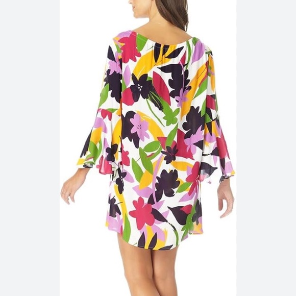 Anne Cole Lush Garden Bell Sleeve Drawstring Tunic Coverup bundle w/bathing suit - Picture 2 of 7